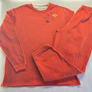 BLAIR Vintage Orange Leaf Print Long Sleeve Top Pants‎  Set Size LG embroidery